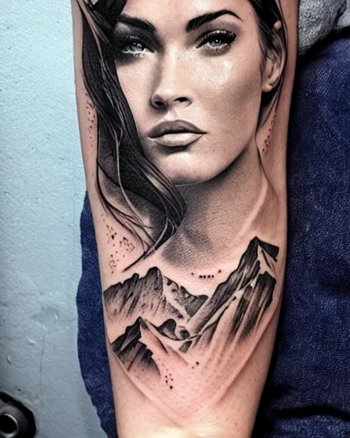 Image similar to creative double exposure effect tattoo design sketch of megan fox with beautiful mountains, realism tattoo, in the style of matteo pasqualin, amazing detail, sharp