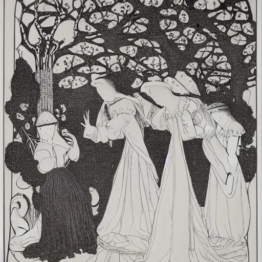 Image similar to how four queens found launcelot sleeping, aubrey beardsley