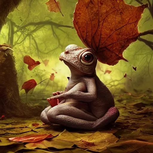 Prompt: soulful long shot of a crazy toad baby sitting under a big leaf, by esao andrews, by m. w. kaluta, ultra humorous illustration, small depth of field, perspective perception, volumetric light, psychedelic colors, 3 d octane render, 8 k, conceptart, hyperdetailed, hyperrealistic, trending on artstation