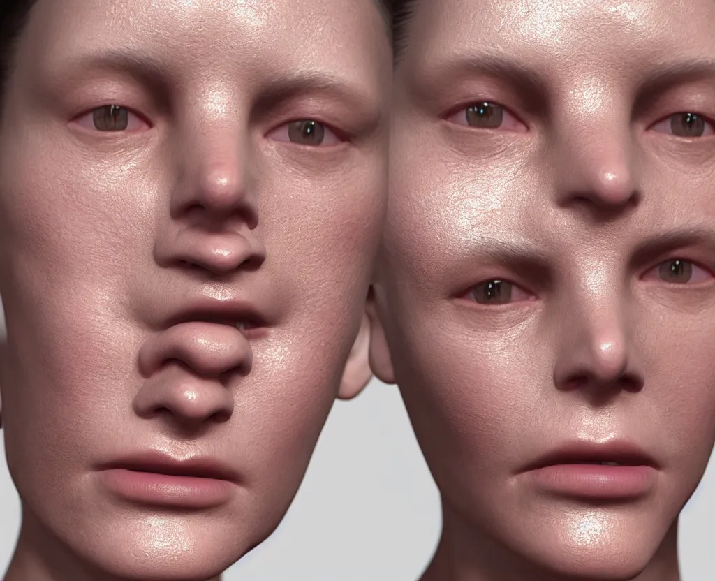 Image similar to realistic skin rendering with pores and flexible skin, hyperrealistic rendering, photorealism, octane, redshift