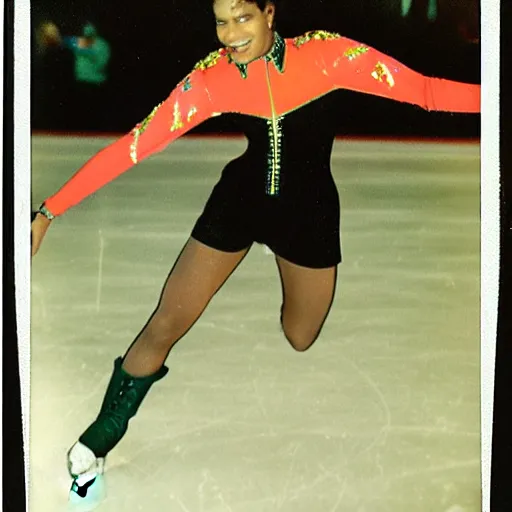 Image similar to a medium full shot, german and eastern european mixture polaroid photograph depicting a black woman with dark brown skin, long, swirling black hair, and jade colored eyes, she is ice skating. she is wearing wearing a ice skating ensemble in 1 9 8 2.