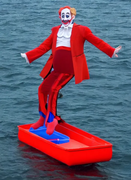 Prompt: 8 0 mm vladamir putin dressed as a clown falling off a boat 4 k, full body,