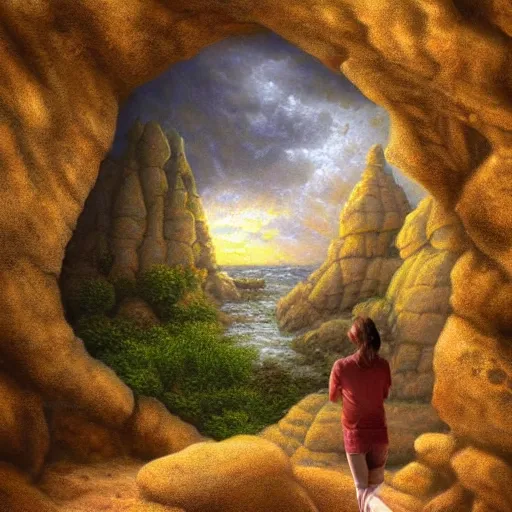 Prompt: hyper realistic, high detail photo of sand stone formations, a huge woman caught inside a rock, thomas kinkade style painting, beautiful, dreary lighting,