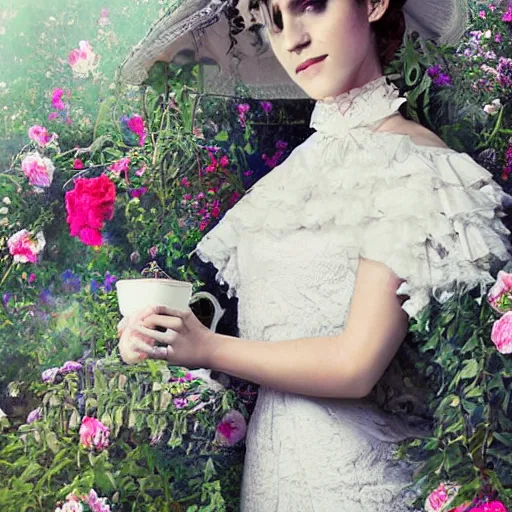 Image similar to washed out on worn out canvas textured canvas wall full body fashion model emma watson smokey eyes makeup eye shadow fantasy, glow, shimmer as victorian woman in a long white frilly lace dress and a large white hat having tea in a sunroom filled with flowers, roses and lush fern flowers ,intricate, night, highly detailed, dramatic lighting , high quality