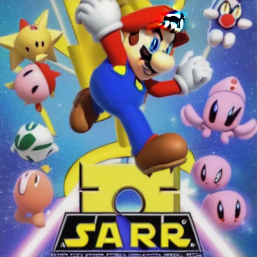 Image similar to super mario, kirby, sonic the hedgehog, super smash bros, star wars themed movie poster high detail accurate eyes and good gesture poses, pokemon anime cartoon style