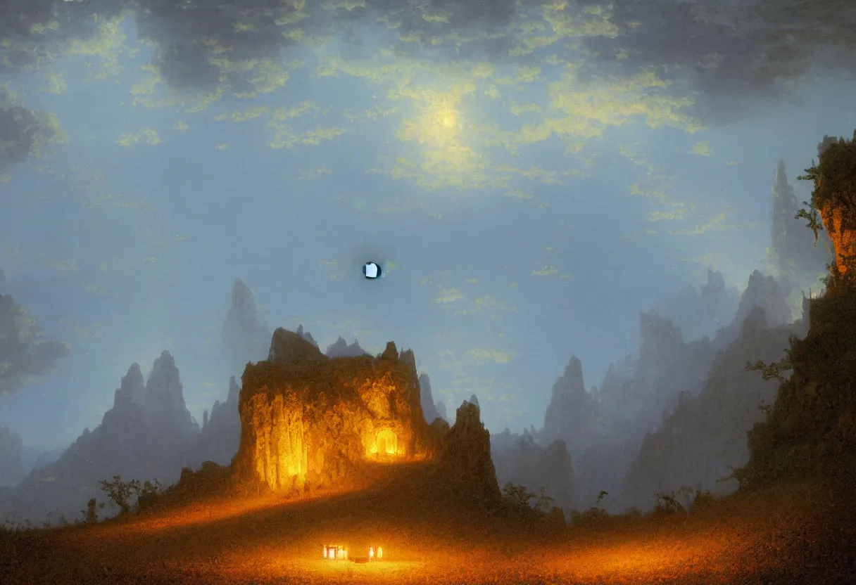 Image similar to a beautiful ultradetailed painting of a single gilded cathedral at the edge of a cliff next to a deep blue sea illuminated by orange fireflies, albert bierstadt, makoto shinkai, 8 k, light effects, trending on artstation