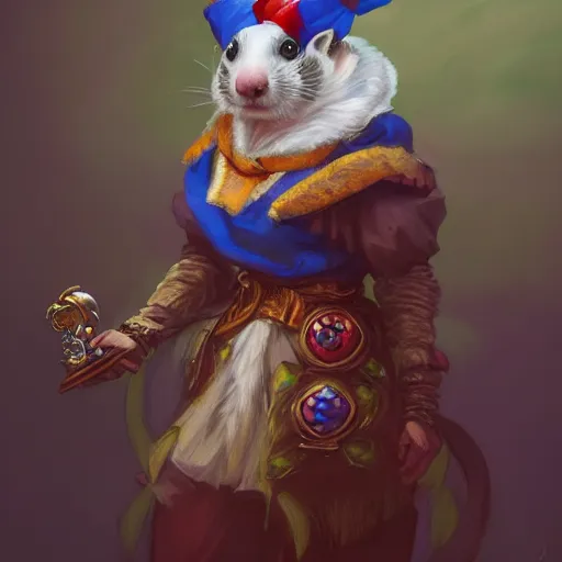 Image similar to a ferret dressed as a jester, d & d, fantasy, intricate, elegant, highly detailed, digital painting, artstation, concept art, matte, sharp focus, illustration, hearthstone, art by artgerm and greg rutkowski and alphonse mucha