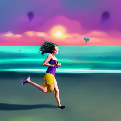 Image similar to portrait, giant purple dahlia flower head, woman running at the beach, surreal photography, sunrise, blue sky, dramatic light, impressionist painting, digital painting, artstation, simon stalenhag