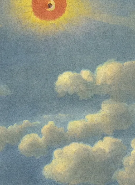 Image similar to sky split in 2, one part is sun, one part is moon, surrounded by light clouds, landscape, illustrated by peggy fortnum and beatrix potter and sir john tenniel