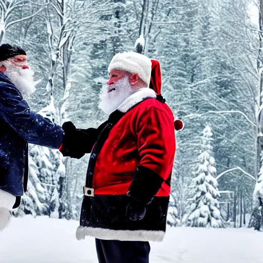 Prompt: Santa Claus shaking hands with Jeffery Epstein in a snowy forest, 8k, depth of field,