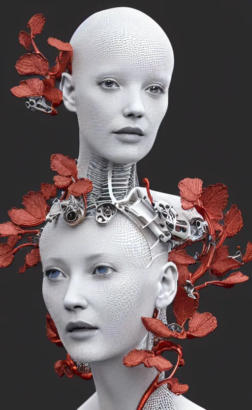 Image similar to complex 3d render ultra detailed of a beautiful porcelain profile woman face, mechanical cyborg, 150 mm, beautiful 3 point lighting, rim light, silver gold red details, luxurious magnolia with leaves and stems, roots, Alexander Mcqueen haute couture, fine foliage lace, mesh wire, filigran intricate details, hyperrealistic, mandelbrot fractal, anatomical, robotic parts, facial muscles, cable electric wires, microchip, elegant, octane render, 8k post-processing