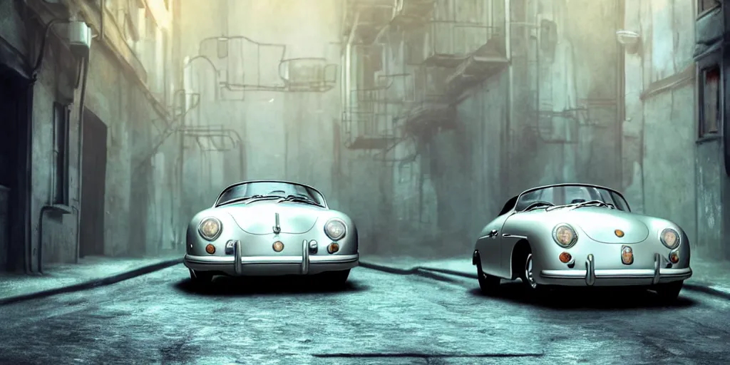 Image similar to a wholesome animation key shot of a focused old silver Porsche 356 roadster car parked in an abandoned alleyway, medium shot, waist up, studio Ghibli, Pixar and Disney animation, sharp, very detailed, high resolution, Rendered in Unreal Engine 5, anime key art by Greg Rutkowski, Bloom, dramatic lighting