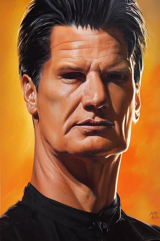 Image similar to expressive exaggerated portait painting of zak bagans by alex ross!!!, phil hale!!!!, visible brush strokes, graphic,'action lines '!!!!, striking, sharp, hd image