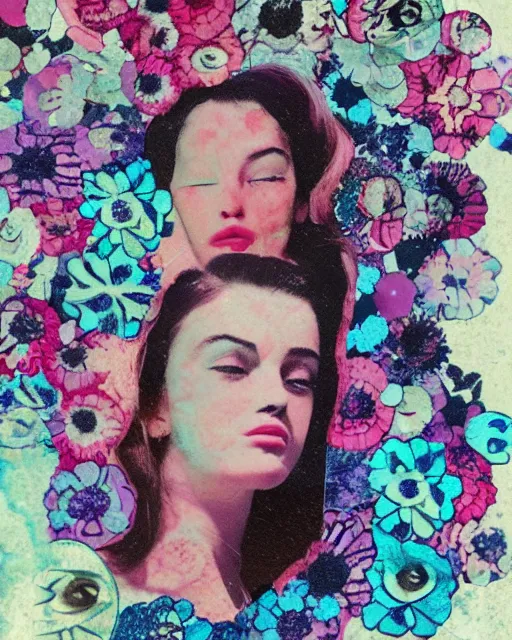 Prompt: different women's faces, cut and paste collage, glitched flowers, mutated color, ripple effect, 1 9 6 0 s elements, water stains, different emotions