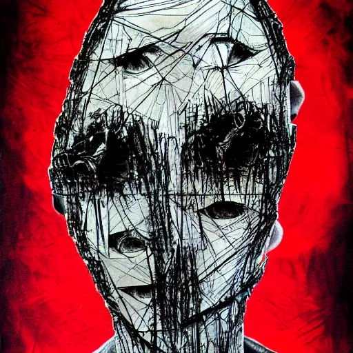 Image similar to multiple faces shredded like paper news scared, dark horror, surreal, drawing, painting,