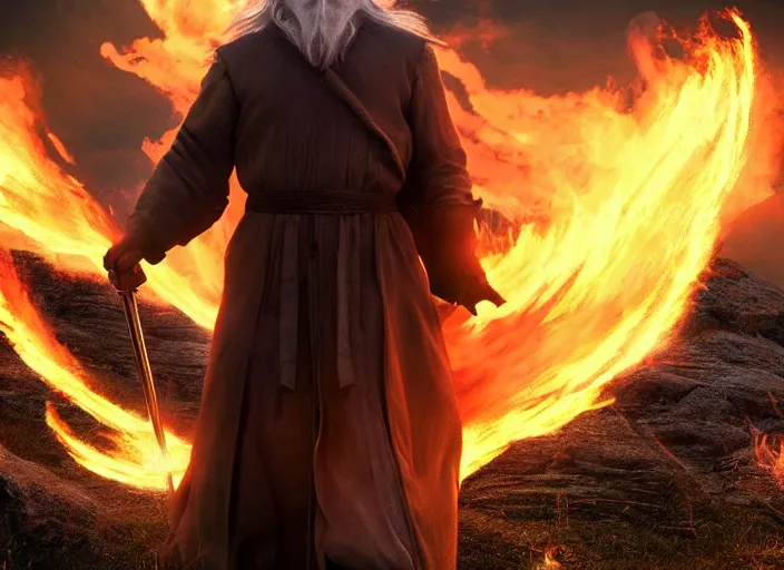 Image similar to gandalf going super saiyan around flames, beautiful landscape, dramatic lighting, cinematic, establishing shot, night time, heavy rain, extremly high detail, photorealistic, cinematic lighting, epic fight scene, post processed, concept art, artstation, matte painting, style by greg rutkowsky