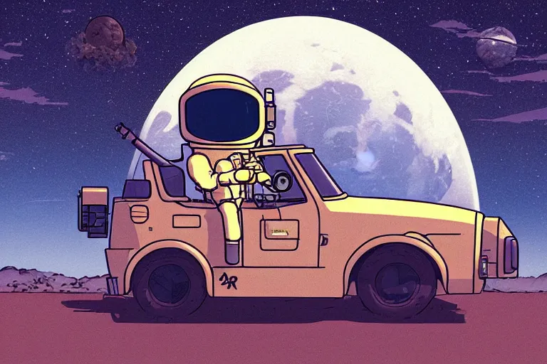 Image similar to a study of a cell shaded cartoon astronaut holding and smoking a joint on a desert road in front of a big moon, full body, wide shot, very muted colors, post grunge, studio ghibli, laurie greasley, highly detailed, deviantart, art by artgem