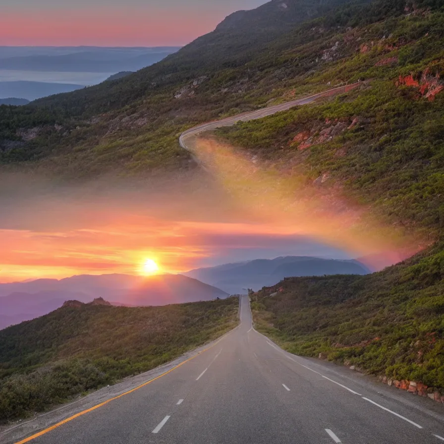 Image similar to a highway road leading to the horizon down a rocky mountain coast, the sunset is a pulsating heart of light. atmospheric good vibes