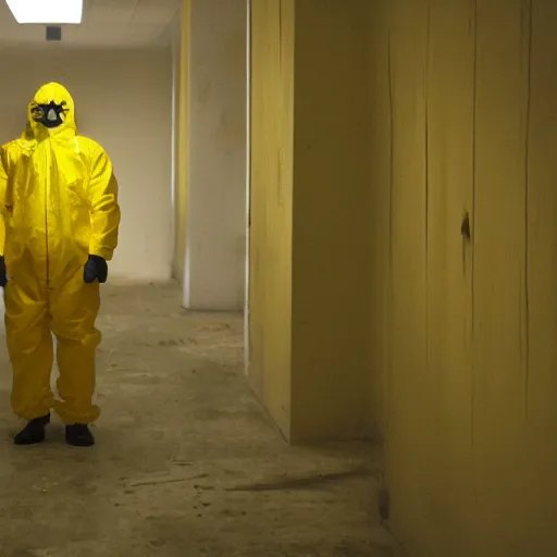 Image similar to a man wearing a yellow hazmat suit inside the very dark empty unsettling creepy backrooms, liminal space, flickering fluorescent lights, eerie mood