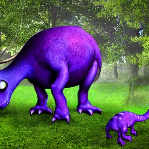 Prompt: a purple and blue dinosaur mooing realistic