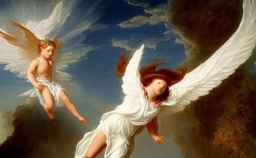 Image similar to a young beautiful angel wearing white angelic clothes flying among heaven and hell painted by thomas cole