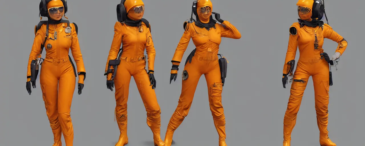 Prompt: character design, fashion reference sheet, curvy, 70's jetfighter pilot girl, optimistic, dirty yellow and orange flight suit, scuffed exoskeleton, concept art, photorealistic, hyperdetailed, 3d rendering!, rimlight , art by Frazetta,