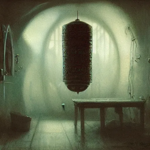 Image similar to detailed painting of a laundry room in a capsule by beksinski, filigree ornaments, fog, andreas achenbach,