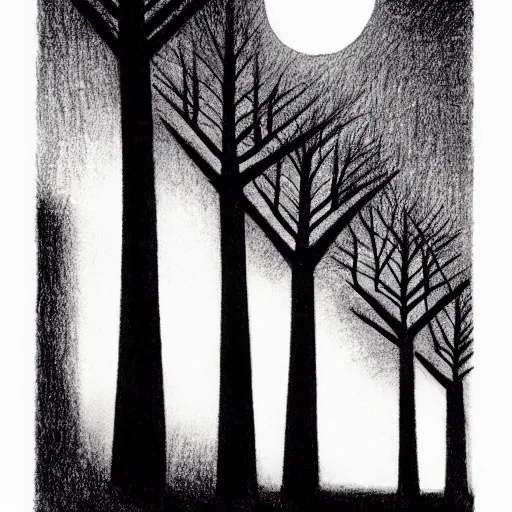 Image similar to charcoal drawing of rows of trees at night, the moon is seen between the trees, illustrated by chris van allsburg, illustration, masterful, volumetric light, subdued, subtle, greyscale