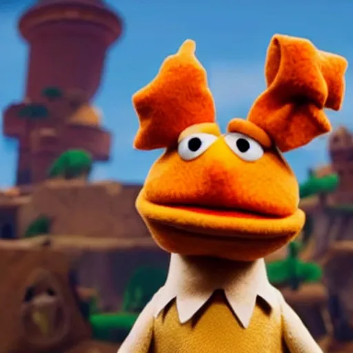 Prompt: bip bippadotta from the muppets as a wizard, furry orange puppet, in fortnite