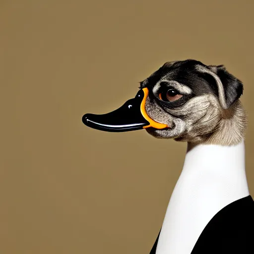 Image similar to closeup of a duck wearing a top hat, macro photography, overgrown pug, high resolution photo, trending on artstation