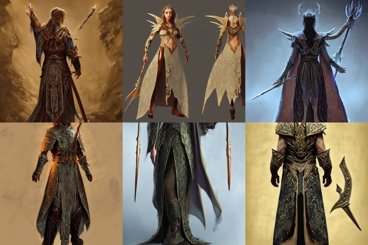 Prompt: Fashion model in highly detailed ornamental High Elven sorcerer robes with glowing runes border with Elven magical staff, by Blizzard Elder Scrolls, WETA, LOTR, craig mullins, greg rutkowski, trending on artstation , centered, front view and back view