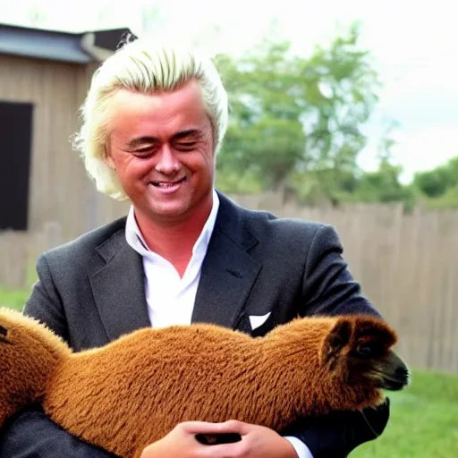 Image similar to geert wilders touching alpaca behind