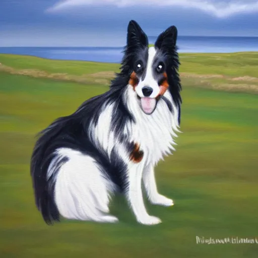 Prompt: A black and white Sheltie on a bluff in Orkney. Acrylic on canvas