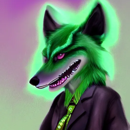 Prompt: Beautiful digital painting of an anthro anthropomorphic pastel-green wolf, Punk outfit.