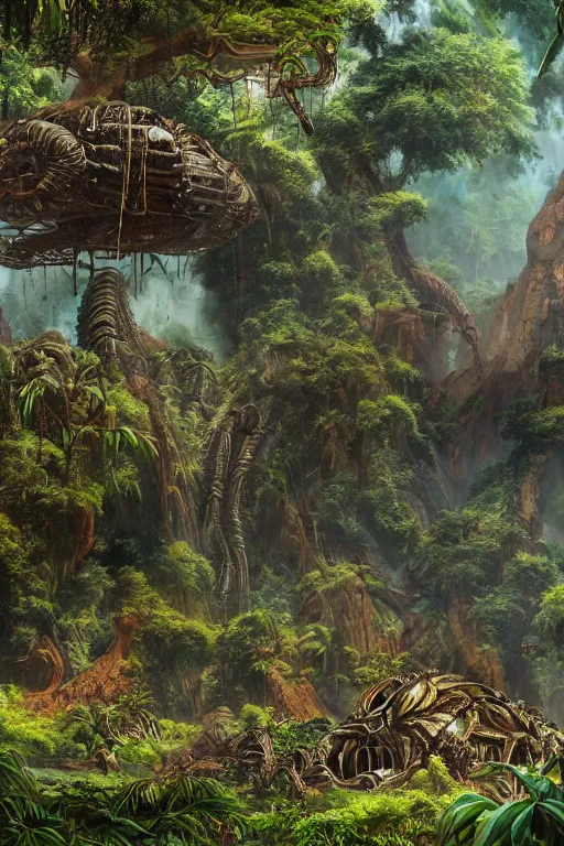 Image similar to alien hive in the exotic jungle, landscape, alex ross, giga, david finch, concept art, matte painting, highly detailed, rule of thirds, dynamic lighting, cinematic, detailed, denoised, centerd