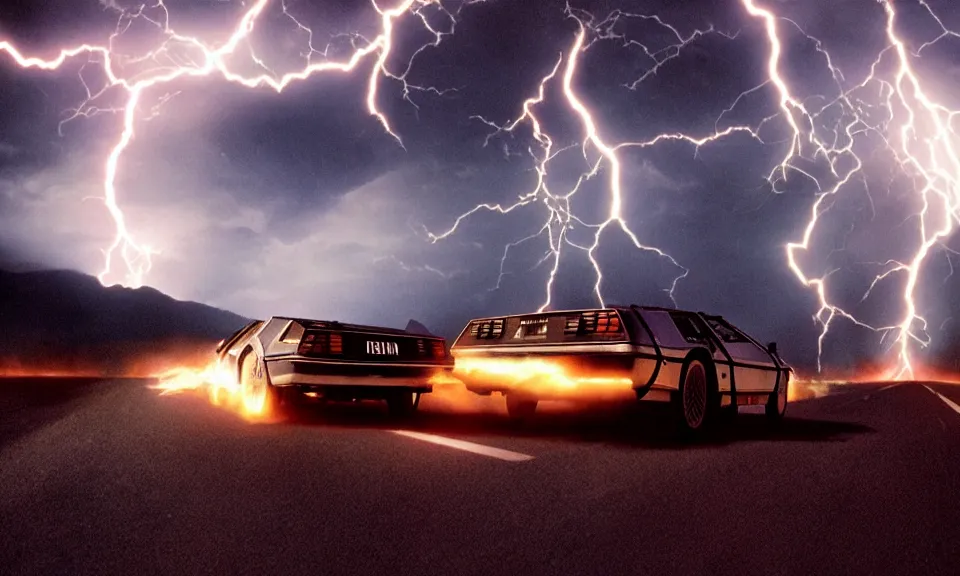 Image similar to scene from back to the future, delorean driving fast, lightning, fire, driving through portal, motion blur