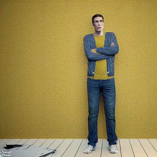 Image similar to 3 d render of jerma 9 8 5, jerma, in a liminal space, non - euclidean space, worn mono - yellow wallpaper, old moist carpet, inconsistently - placed fluorescent lighting, high octane, blender, 3 d render