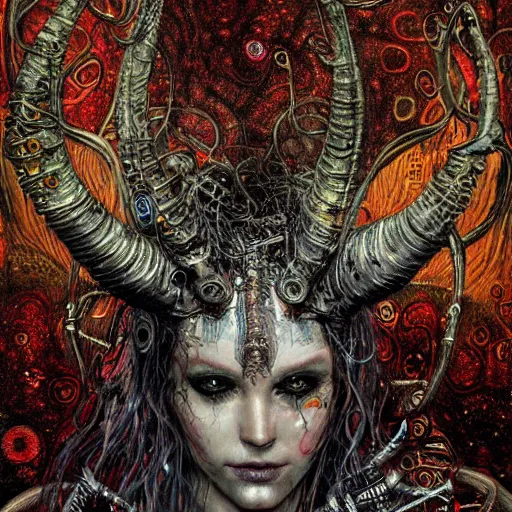 Image similar to horned cybernetic demon, circuitry, intricate detail, klimt, royo,