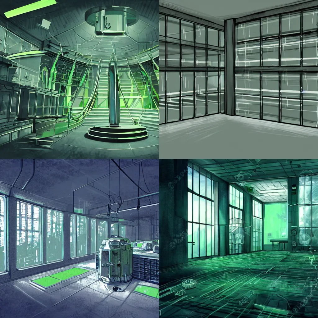 Prompt: concept art of a secret lab underground, nuclear waste, glass windows, style of Near Automata's base, sci-fi, light greens and whites, realistic