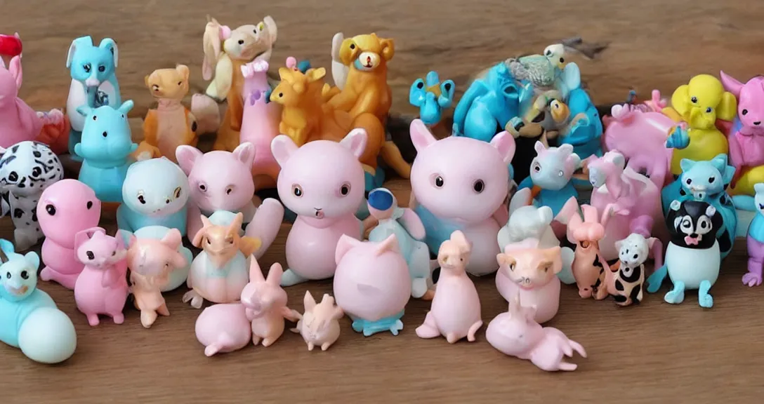 Image similar to some cute plastic toys that look like animal characters, pastel colors