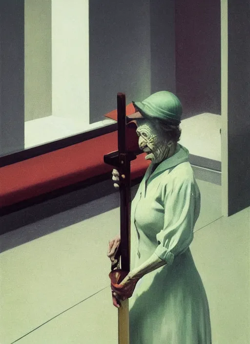 Prompt: orthographic old woman with a cane with hysterical facial expression at the art deco hospital painting by Edward Hopper and James Gilleard, Zdzislaw Beksinski highly detailed