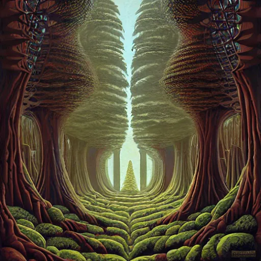 Prompt: an ancient futuristic druidic village in the woods, painting by jeffrey smith