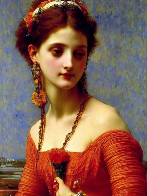 Image similar to Beautiful Goddess. Extremely high detail, details, realistic, masterpiece, colorful. Portrait painting by Eugene de Blaas, art by Frederic Leighton