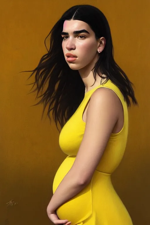 Prompt: pregnant dua lipa in a yellow dress, realistic portrait, symmetrical, highly detailed, digital painting, artstation, concept art, smooth, sharp focus, illustration, cinematic lighting, art by artgerm and greg rutkowski and alphonse mucha