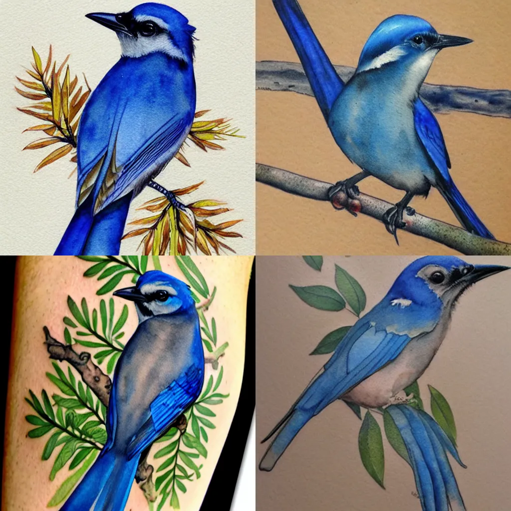 Prompt: tattoo of a California scrub jay, nature illustration tattoo, detailed watercolor, watercolor