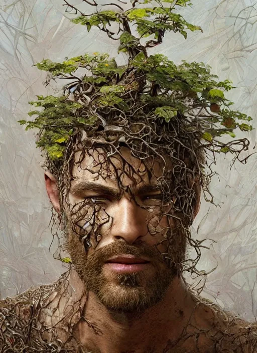 Image similar to a man with a flowery bush instead of a head, intricate roots, highly detailed, concept art, hyperrealistic, oil painting by greg staples, 8 k