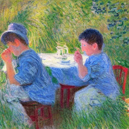 Prompt: in the style of Monet, a boy is eating foods, very highly detailed, 8k, wallpaper