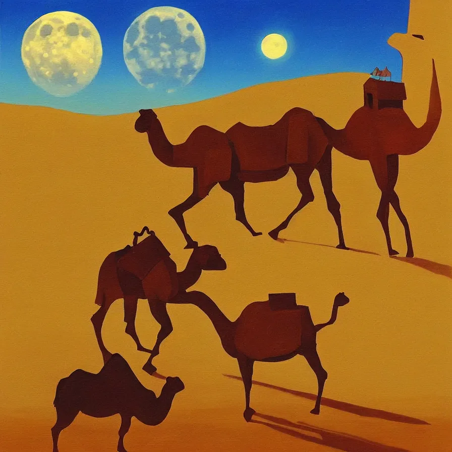 Image similar to “In cubistic style, an oil painting of a camel pulling a red tractor through the desert at night. There is a full moon ”