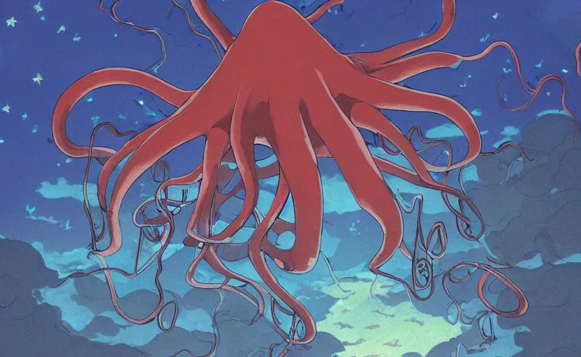 Image similar to a realistic cell - shaded studio ghibli concept art from paprika ( 2 0 0 6 ) of a flying multi - colored octopus from close encounters of the third kind ( 1 9 7 7 ) and dimensional portal to another world above a flooded medieval town on a misty starry night. very dull colors, wide shot, hd, 4 k, hq