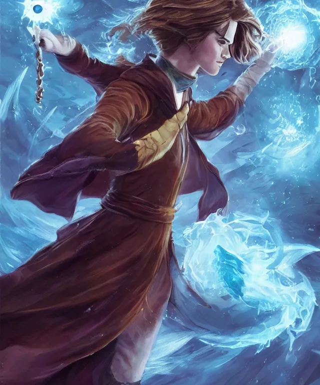 Image similar to illustration of emma watson as a ice magician, glowing eyes, trending on artstation, dynamic pose, Magic the Gathering art, art by Ralph Horsley